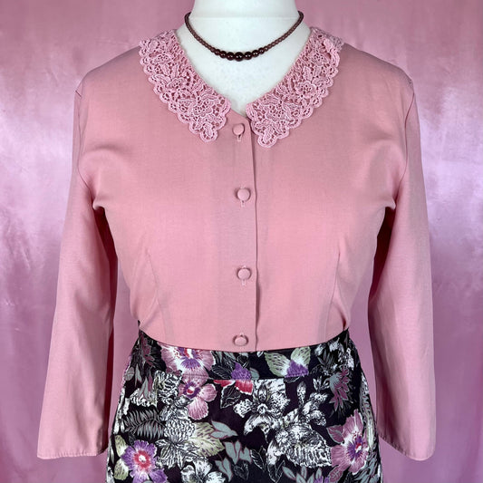 1980s Pink blouse with lace collar, unbranded, size 10
