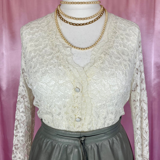 1990s Cream lace cardigan, by Allders, size 14