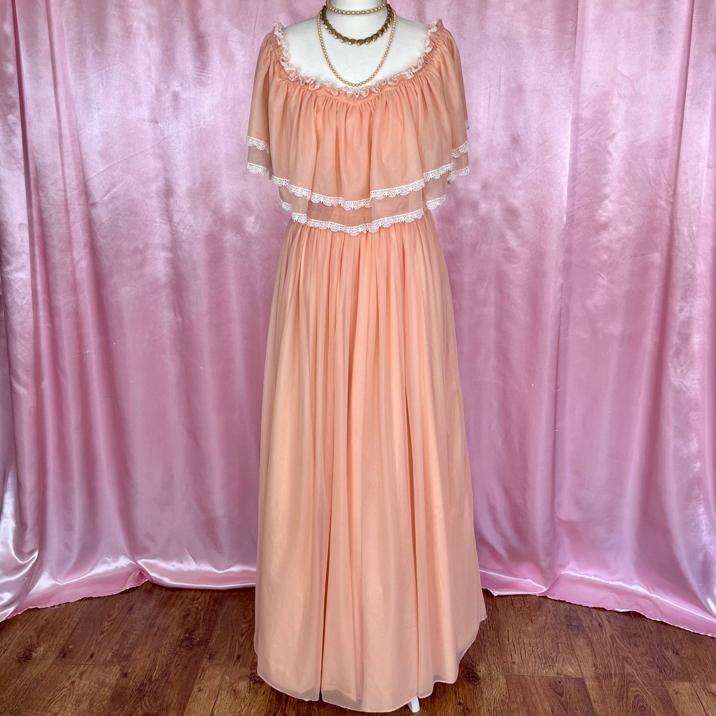 1980 Peach off shoulder dress, unbranded, size 8