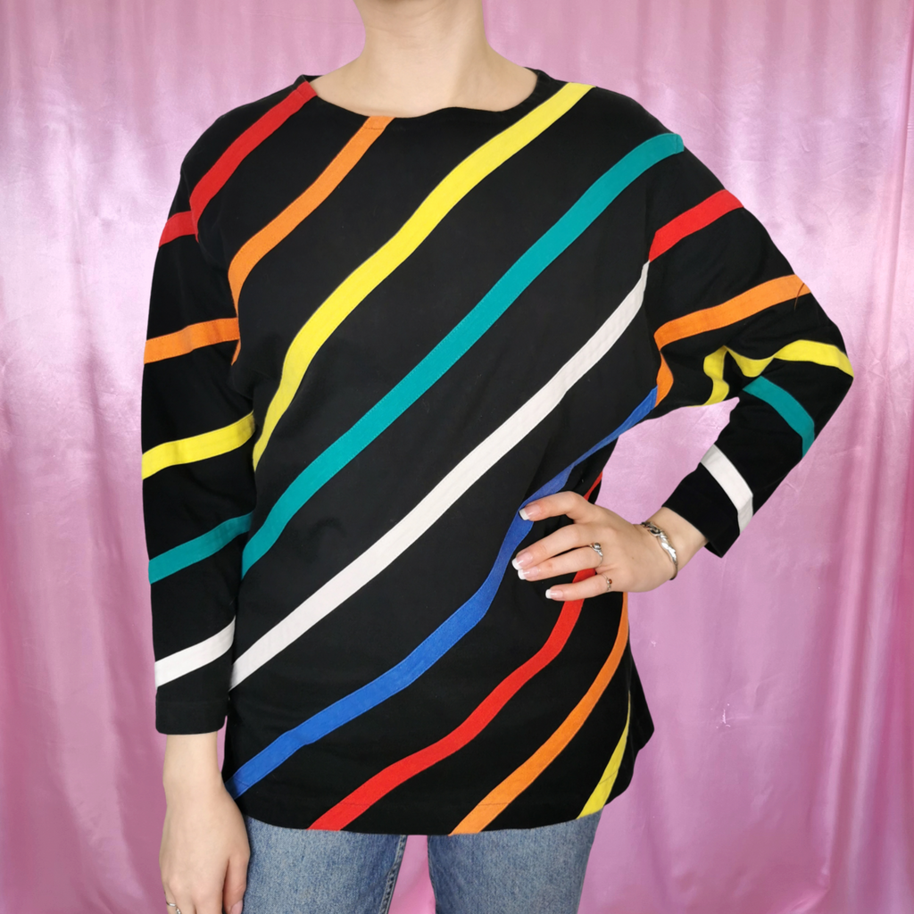 1980s black rainbow stripe jumper, by Fairtex, size 8