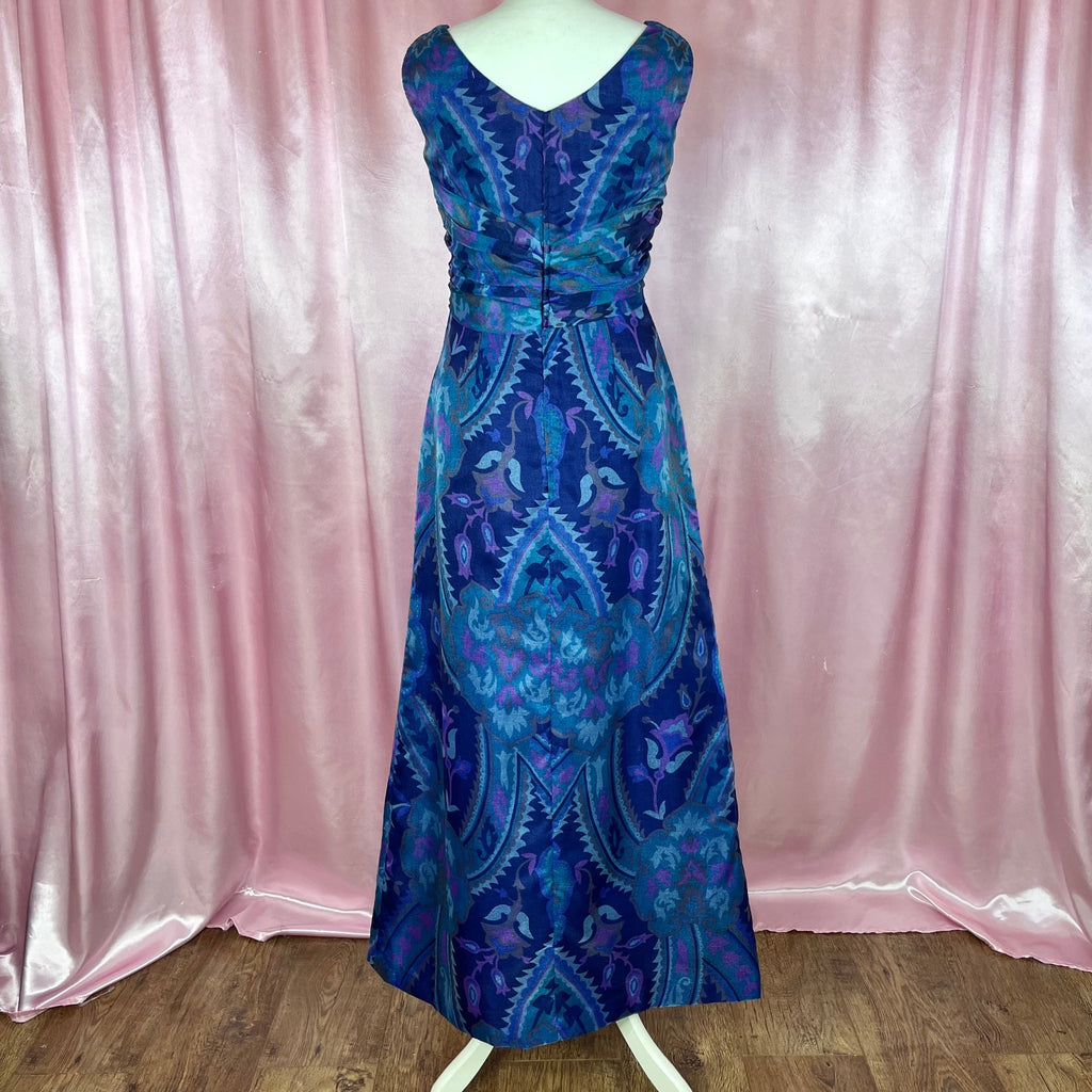 1960s Blue patterned maxi dress, by Cresta, size 10