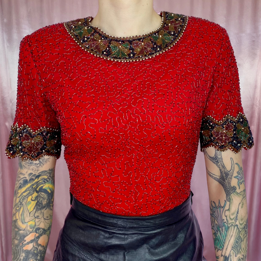 1980s Red beaded top, by Laurence Kazan, size 6