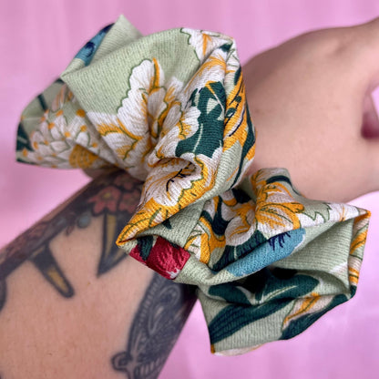 Reworked handmade green floral scrunchie