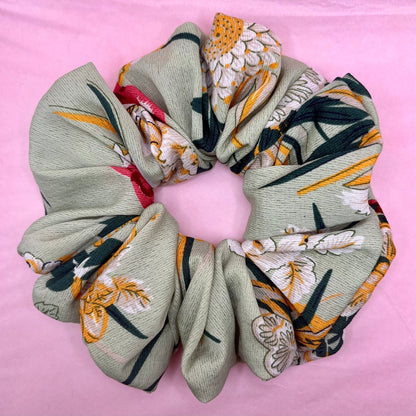 Reworked handmade green floral scrunchie