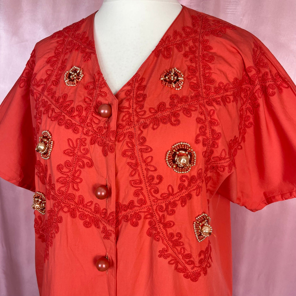 1980s red embroidered dress, by Donatella, size 14