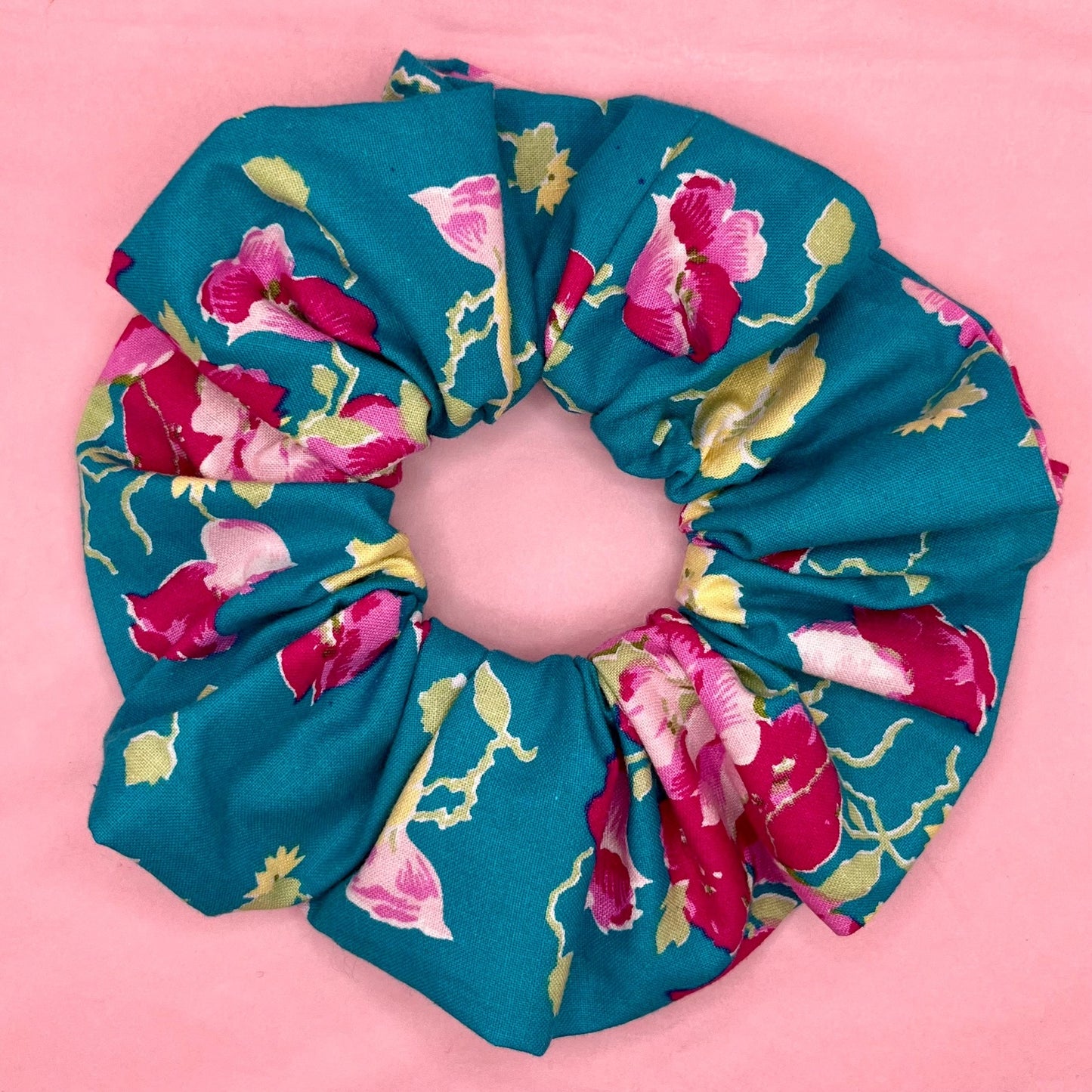 Handmade Teal floral cotton scrunchie