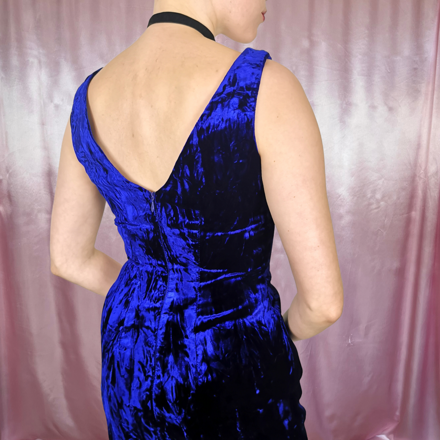 1980s Blue velvet wiggle dress, unbranded, size 8