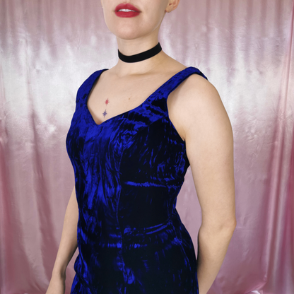 1980s Blue velvet wiggle dress, unbranded, size 8