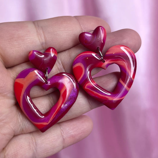 Handmade marbled heart clay earrings