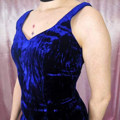 1980s Blue velvet wiggle dress, unbranded, size 8