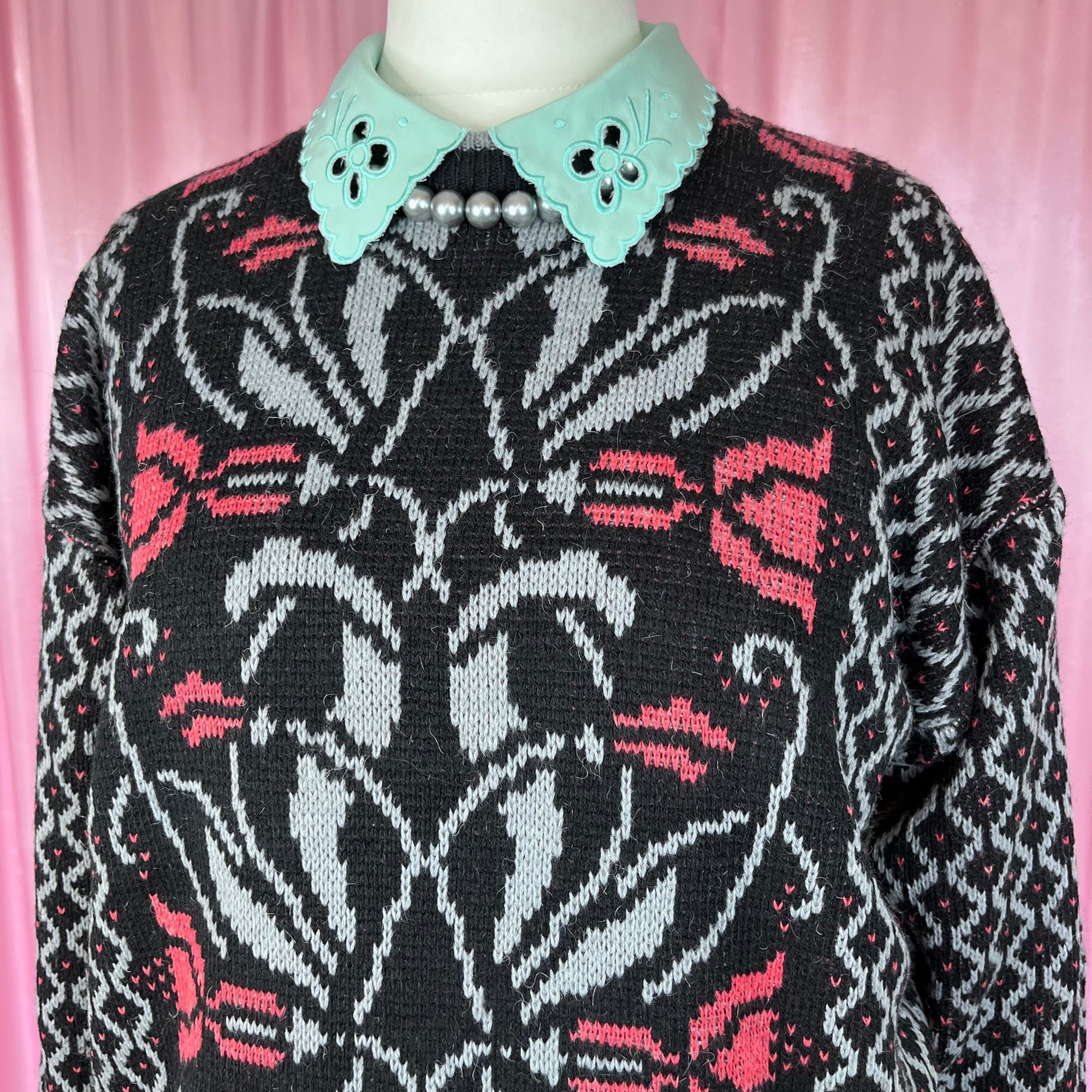 1980s black patterned jumper, by Honey, size 12