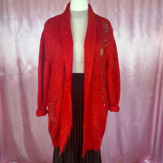 1980s Red mohair coatigan, unbranded, size 16