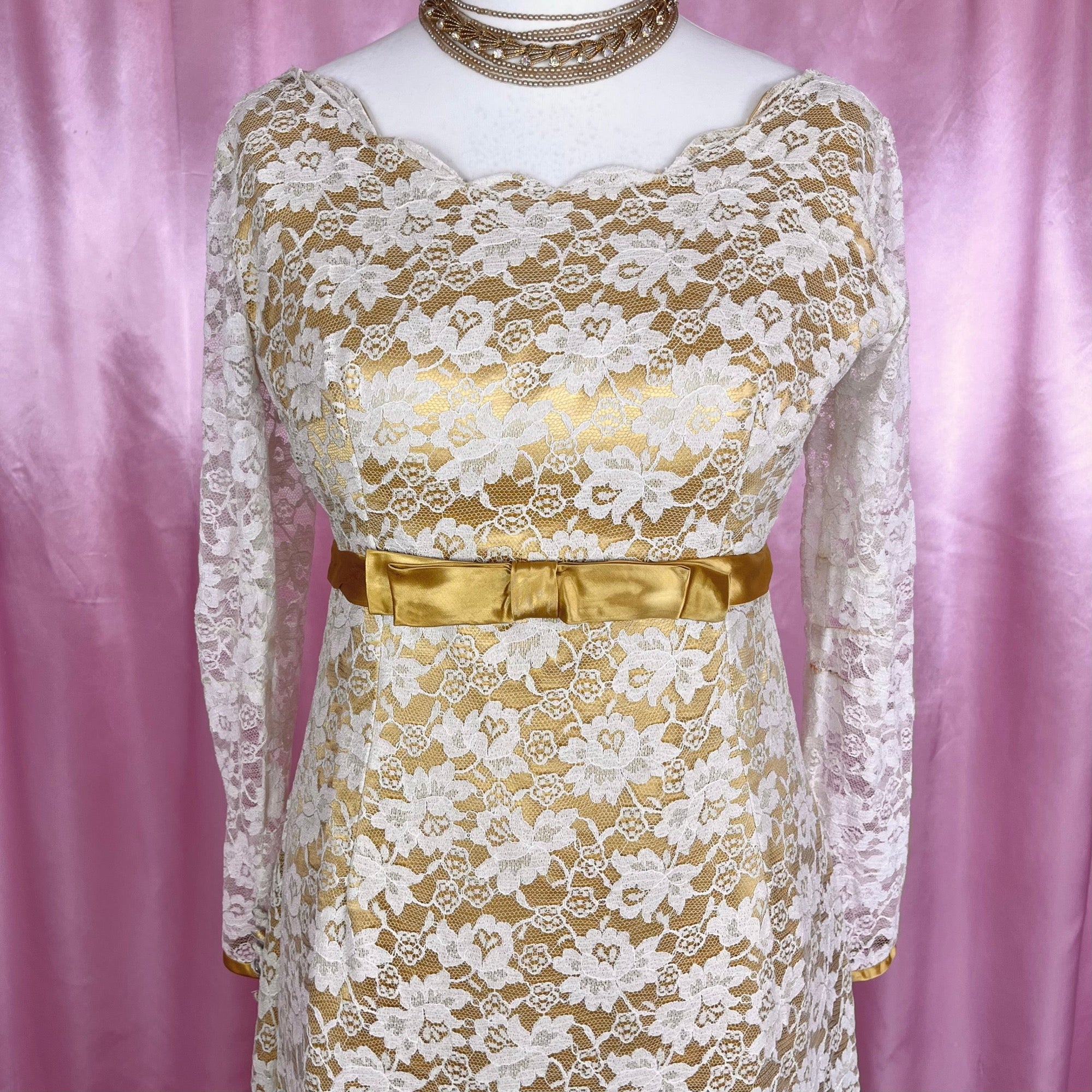 1960s Yellow & lace dress, Handmade, size 12