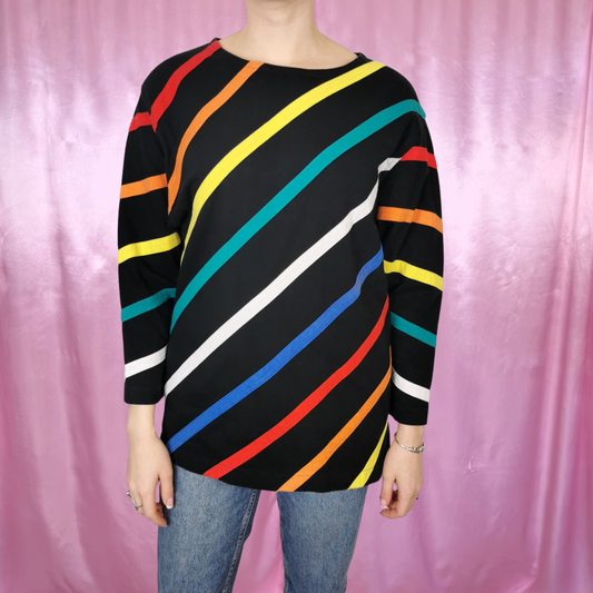 1980s black rainbow stripe jumper, by Fairtex, size 8