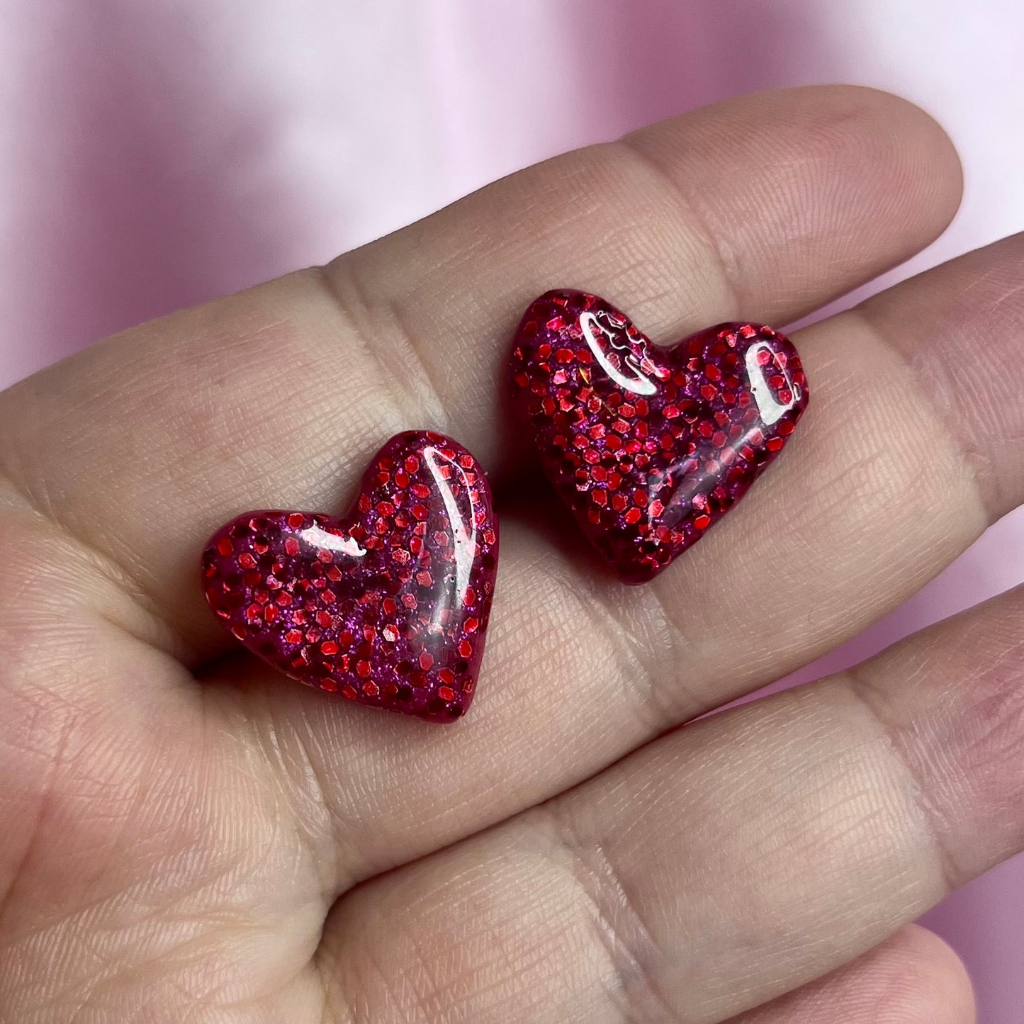 Handmade red glitter heart clay studs