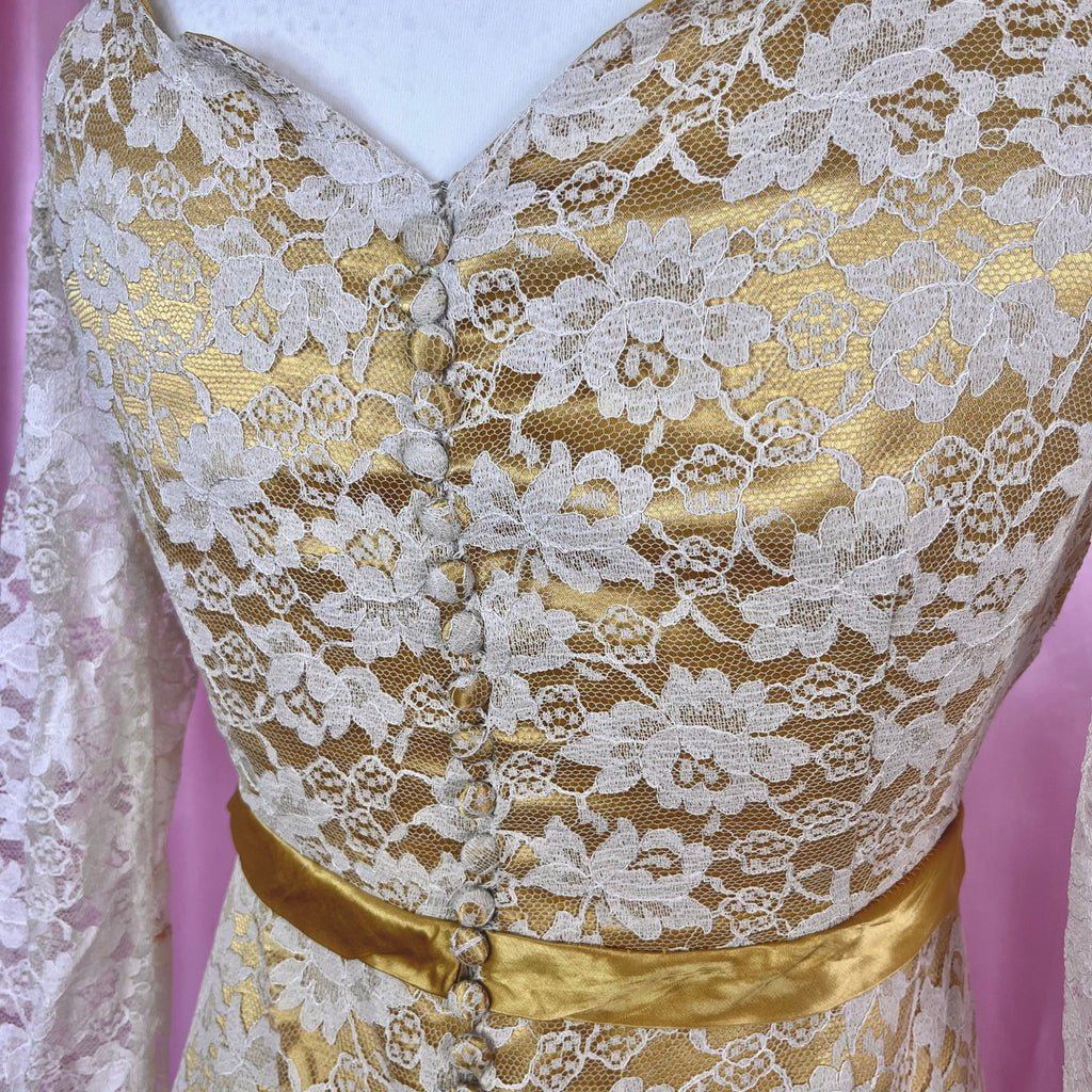 1960s Yellow & lace dress, Handmade, size 12