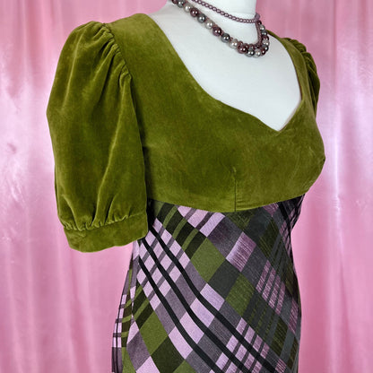 1970s Green & Purple dress, by Jean Varon, size 8