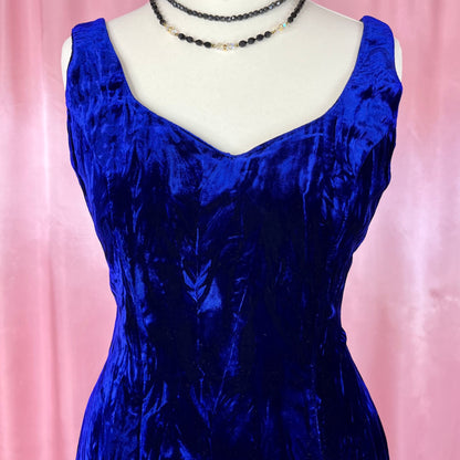 1980s Blue velvet wiggle dress, unbranded, size 8