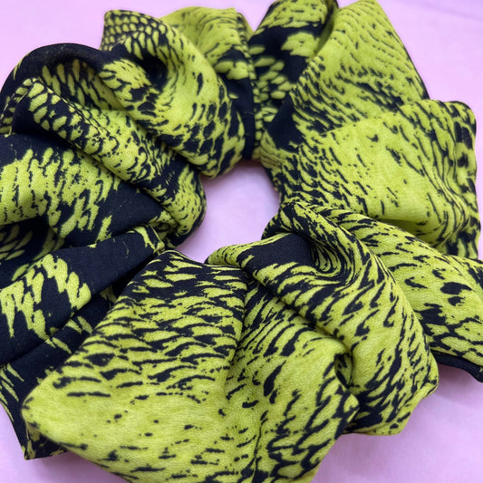 Reworked handmade green snake print scrunchie