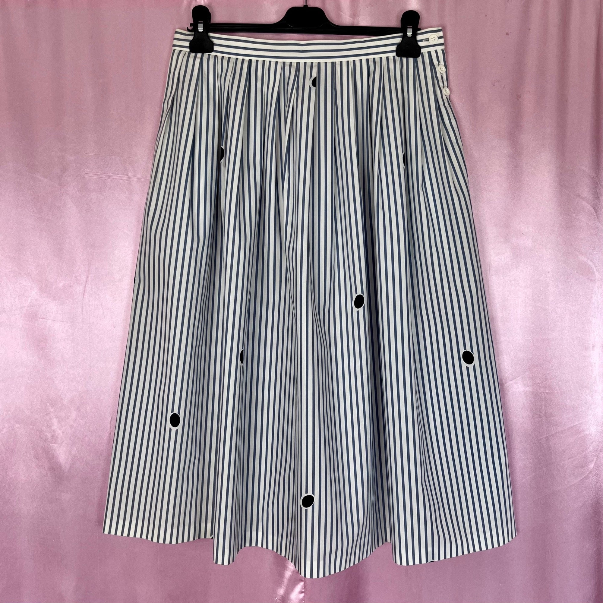 1980s white stripey midi skirt, by Jaeger, size 12