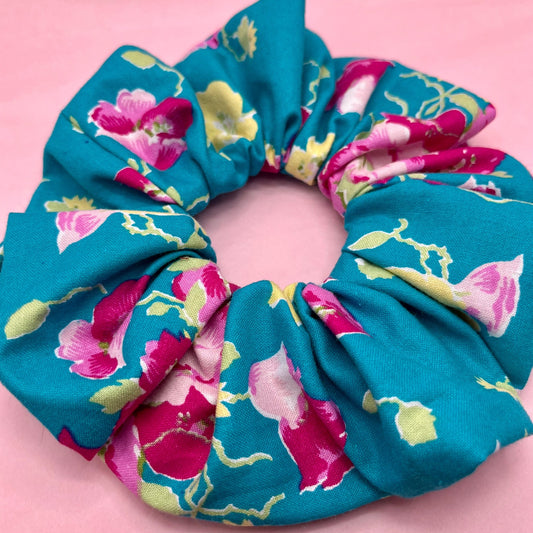 Handmade Teal floral cotton scrunchie