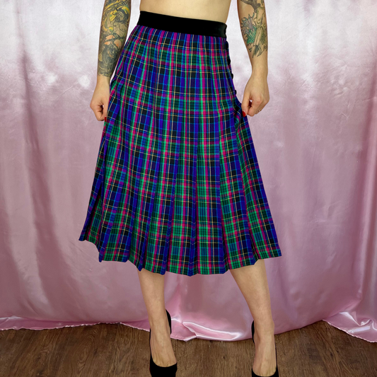 1980s tartan pleated midi skirt, by Viyella, size 12