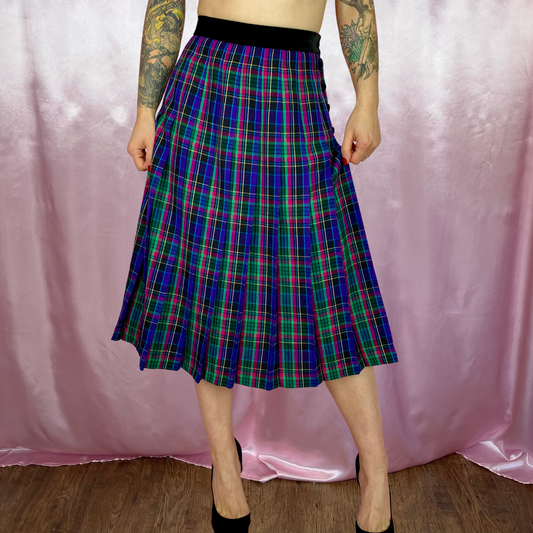 1980s Tartan pleated midi skirt, by Viyella, size 12