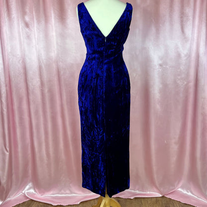 1980s Blue velvet wiggle dress, unbranded, size 8