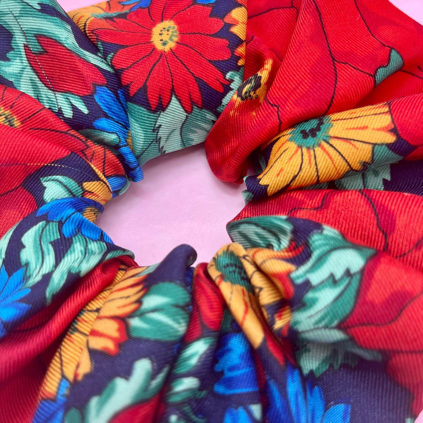 Reworked handmade blue & red floral scrunchie