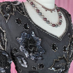 1980s black bead & sequin top, by Reine Seide, size 8