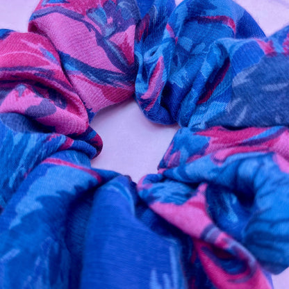 Reworked handmade blue & pink floral scrunchie