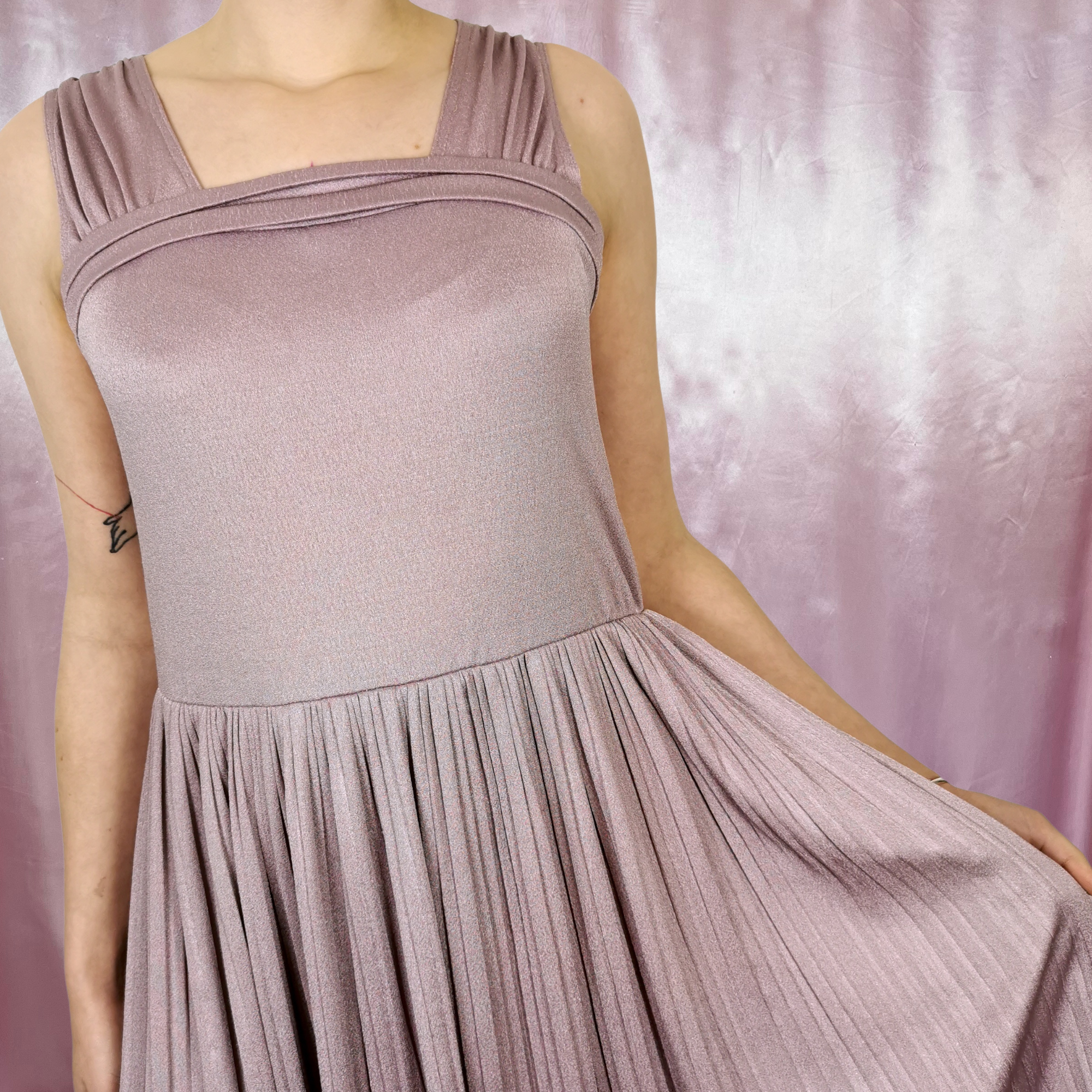 1970s lilac pleated dress, by Mag Fortail Paris, size 10