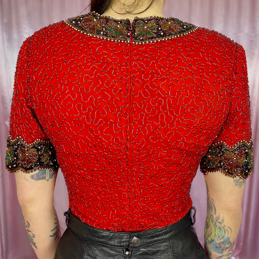 1980s Red beaded top, by Laurence Kazan, size 6