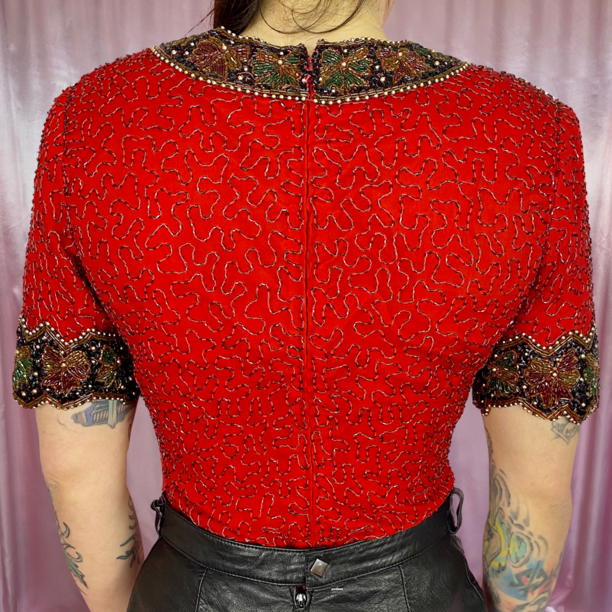 1980s Red beaded top, by Laurence Kazan, size 6