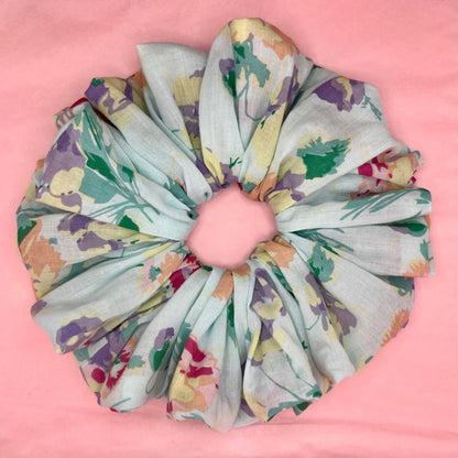 Oversize reworked aqua floral print scrunchie