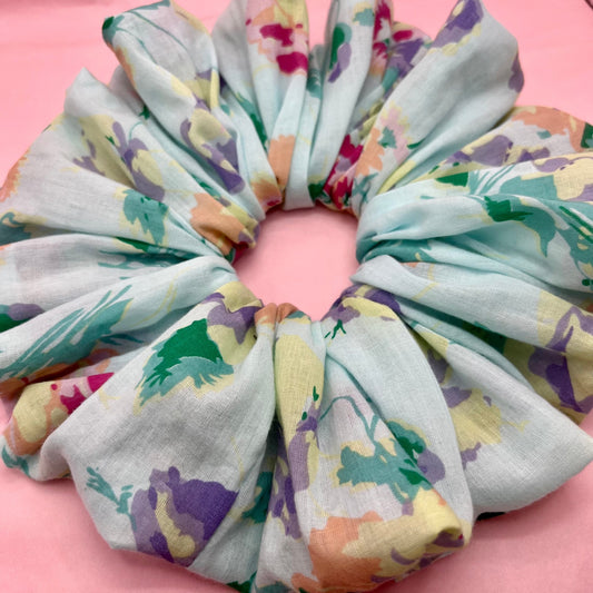 Oversize reworked aqua floral print scrunchie