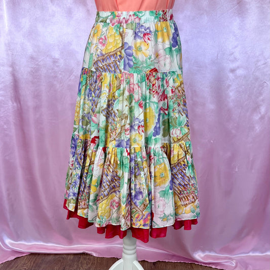 1980s floral & fruit print skirt, unbranded, size 10/12