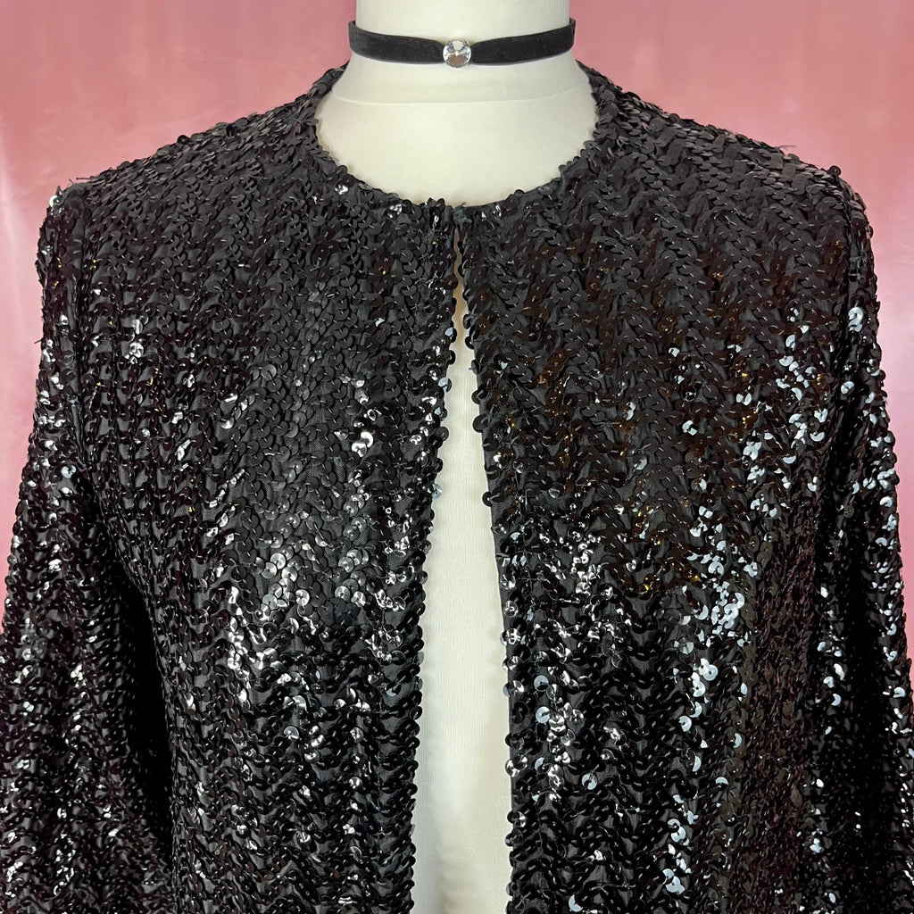 1970s black sequin jacket, unbranded, size 8