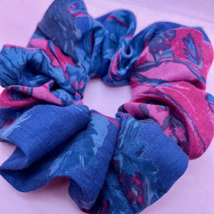 Reworked handmade blue & pink floral scrunchie