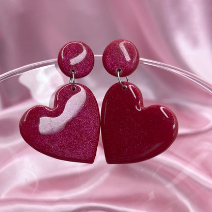 Handmade Red sparkly heart clay earrings