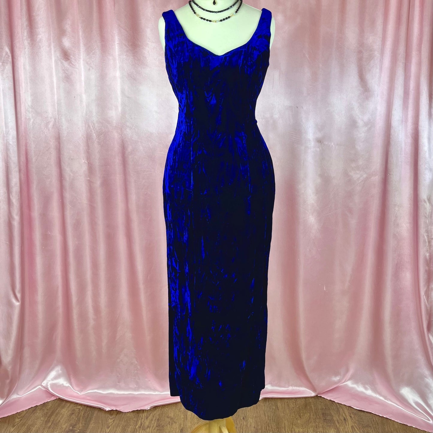 1980s Blue velvet wiggle dress, unbranded, size 8