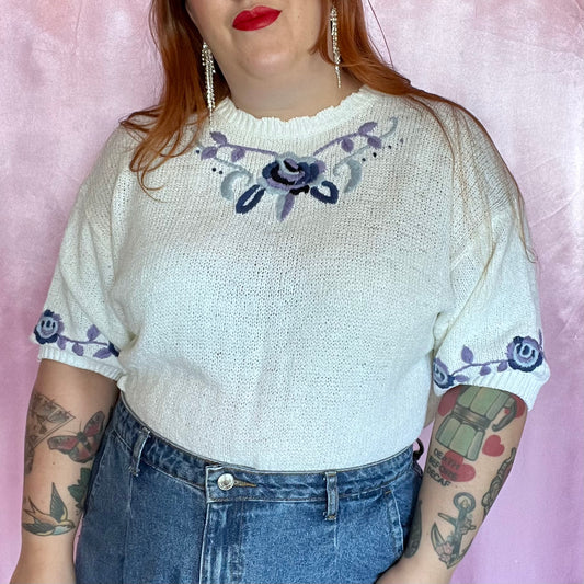 1980s white short sleeve jumper, by Choices, size 18/20