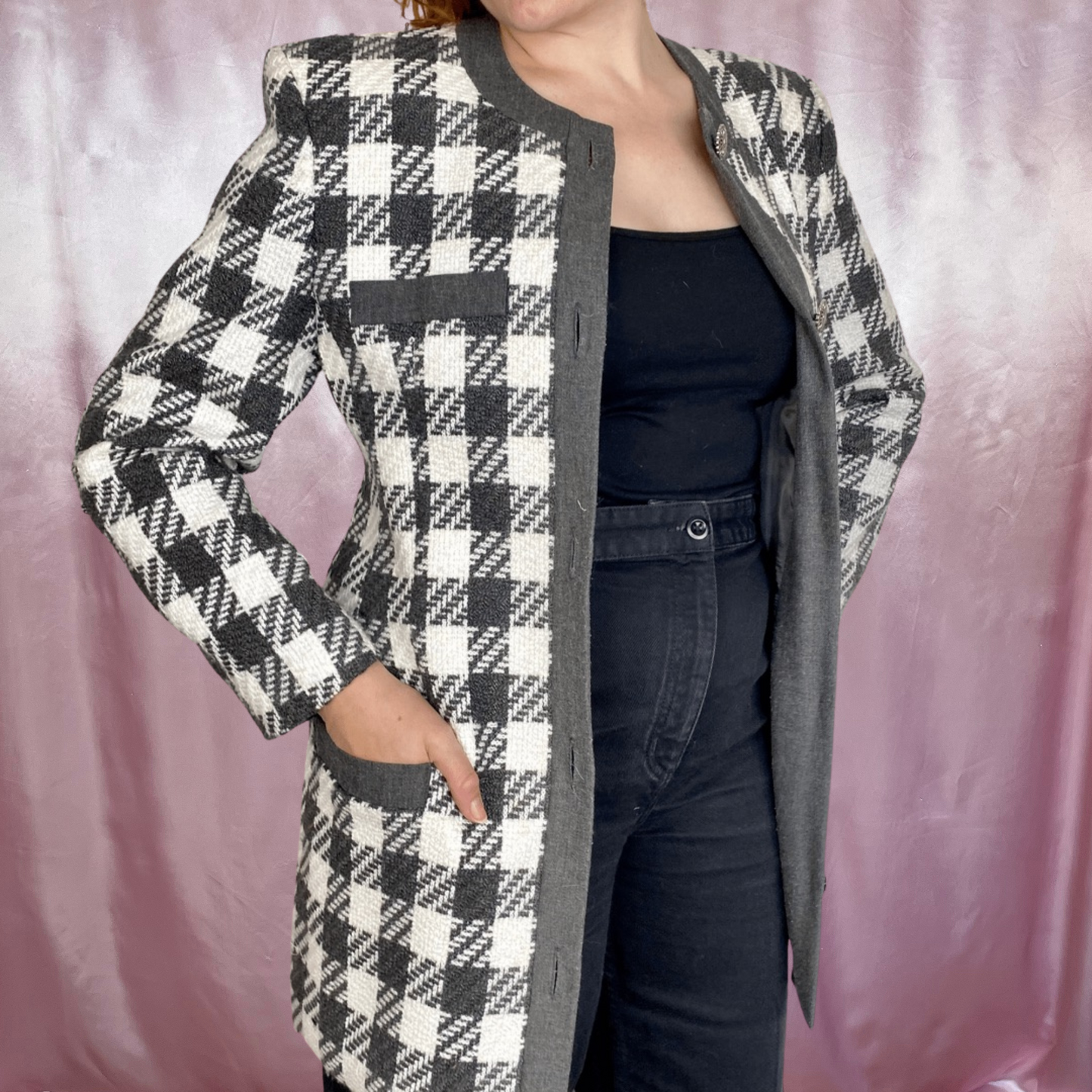 1990s grey & white longline jacket, by Elinette, size 12