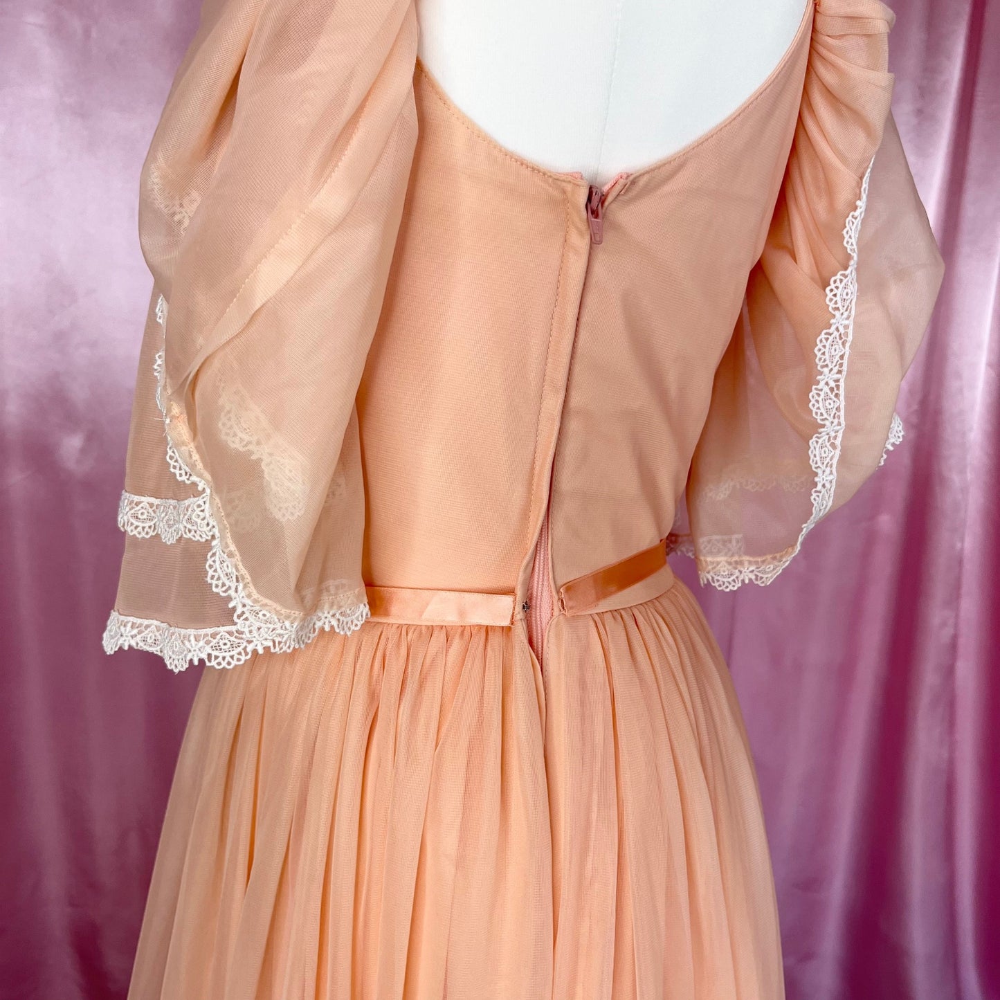 1980 Peach off shoulder dress, unbranded, size 8