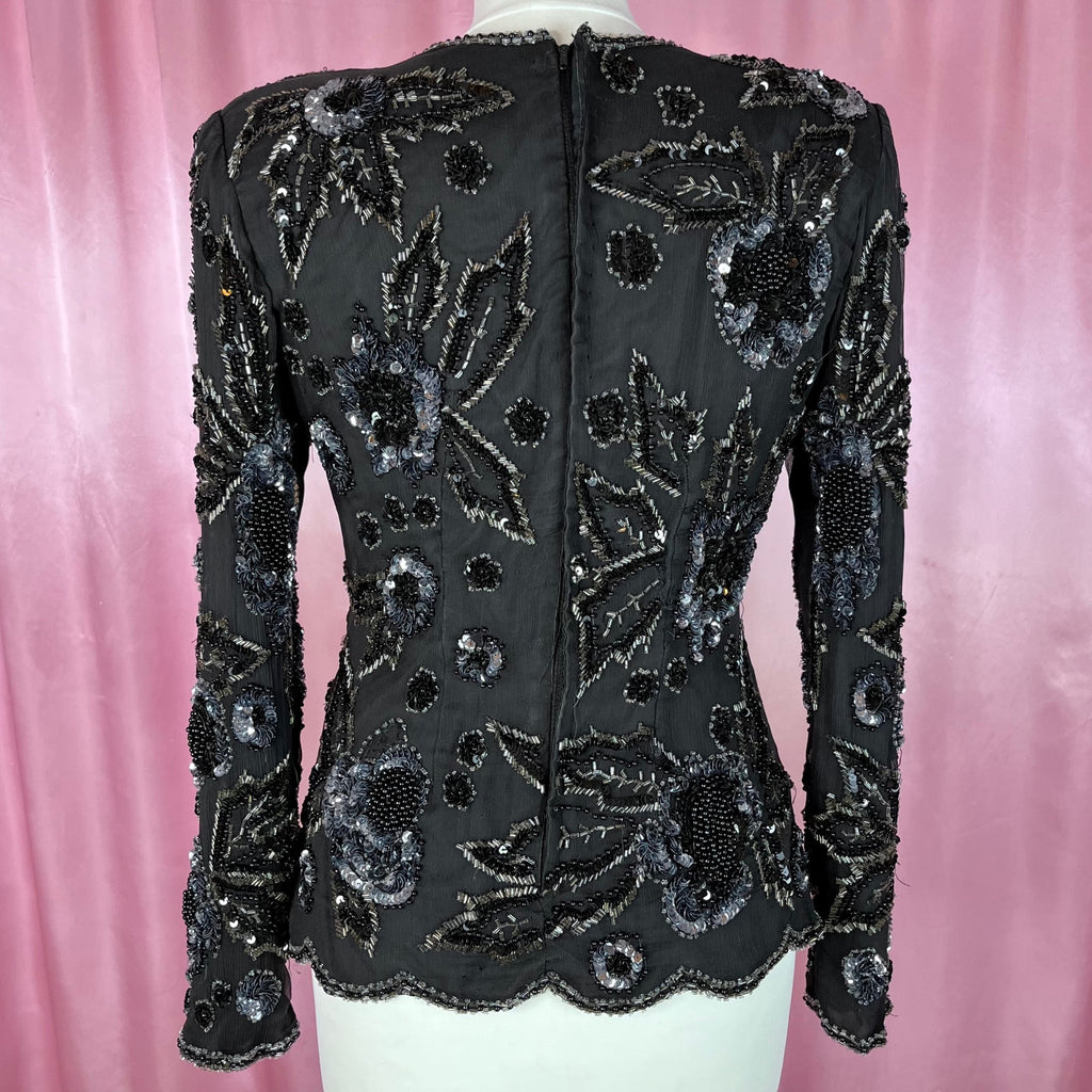 1980s black bead & sequin top, by Reine Seide, size 8