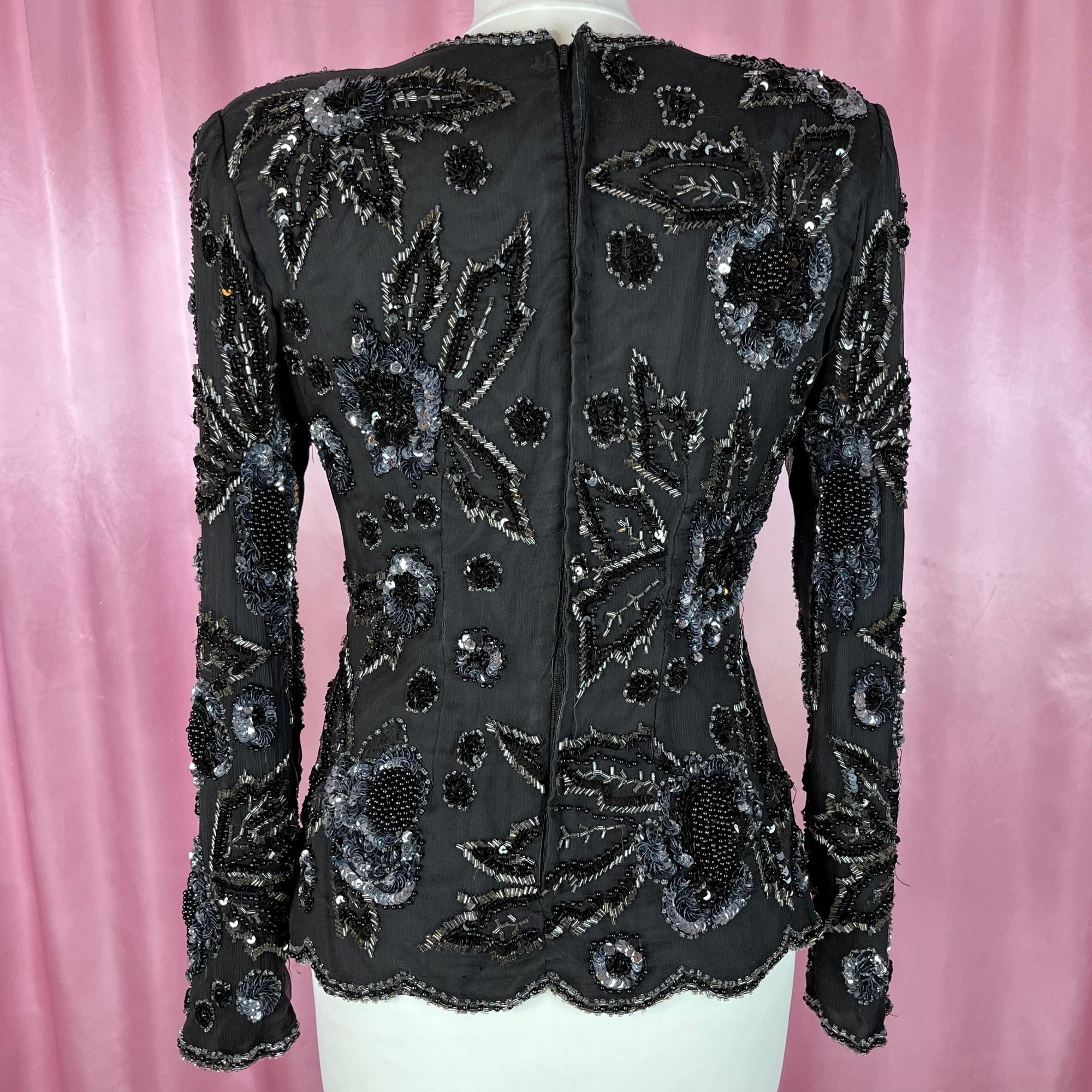 1980s black bead & sequin top, by Reine Seide, size 8