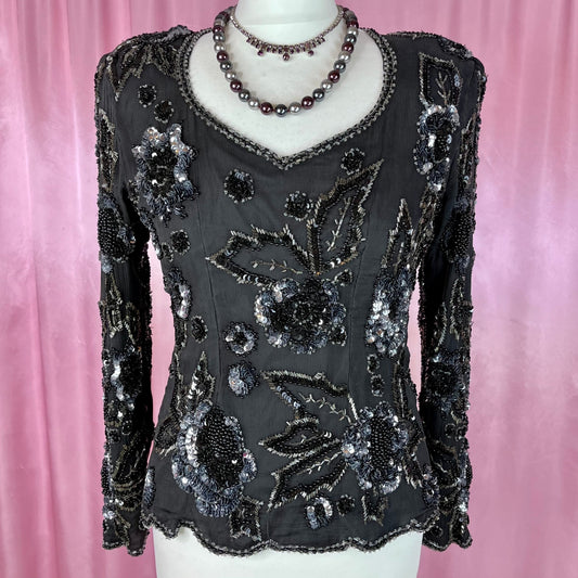 1980s black bead & sequin top, by Reine Seide, size 8