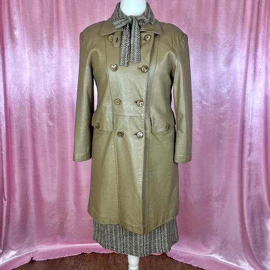 1980s Taupe leather trench coat, unbranded, size 16