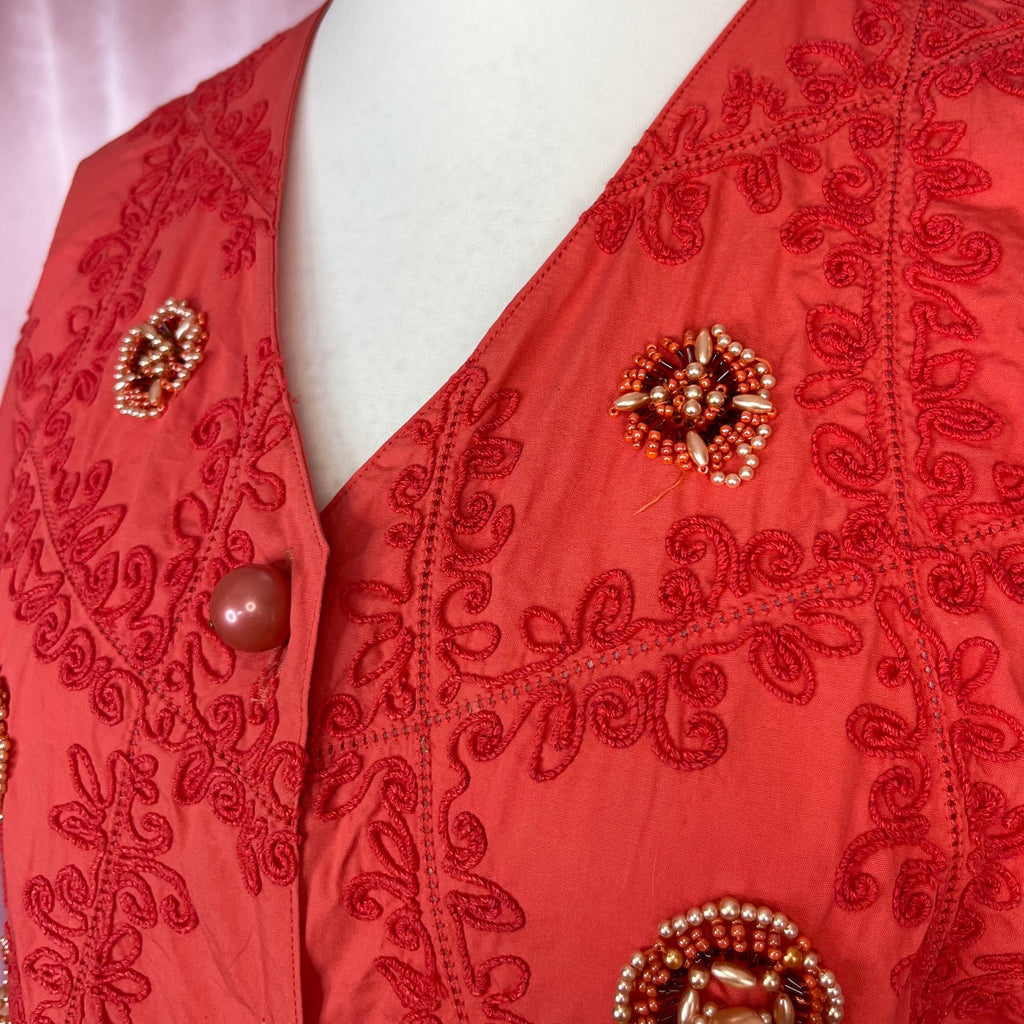 1980s red embroidered dress, by Donatella, size 14