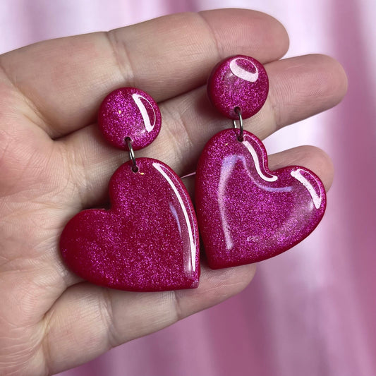 Handmade Red sparkly heart clay earrings